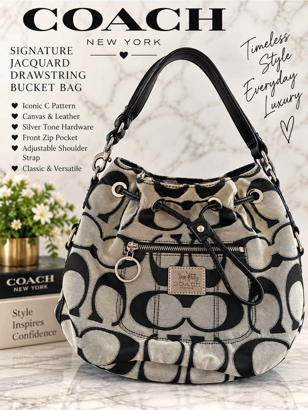 Coach Black & Cream Signature Jacquard Drawstring Hobo